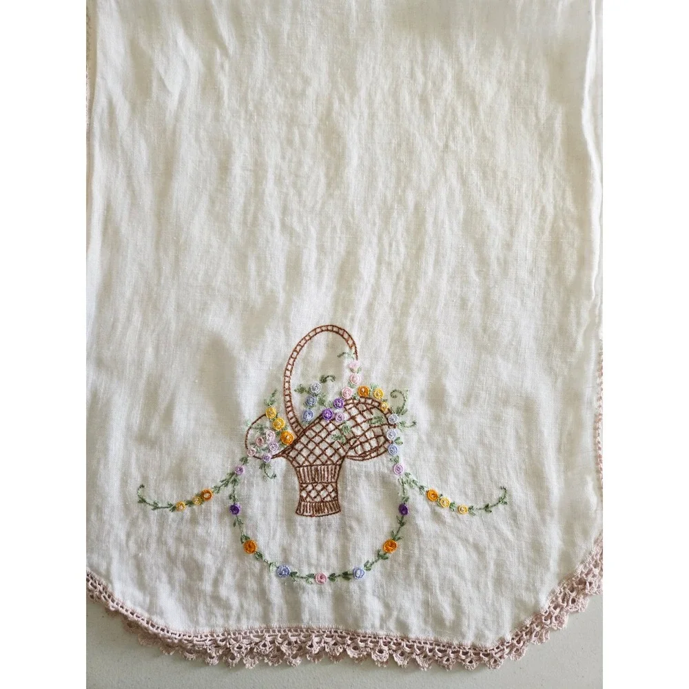 Vintage‎ Hand Embroidered White Linen Table Runner Floral Basket Lace 42x18